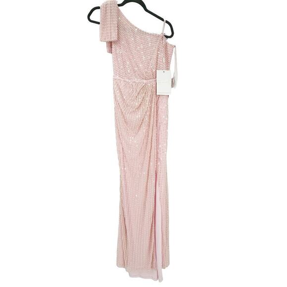 Mac Duggal Pearl Embellished Soft Tie One Shoulder Gown Pink Size 4 NWT - Picture 8 of 14